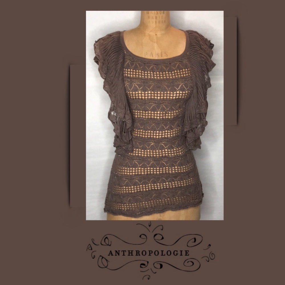 Anthropologie Sheer Knit Ruffle Sweater Sz S